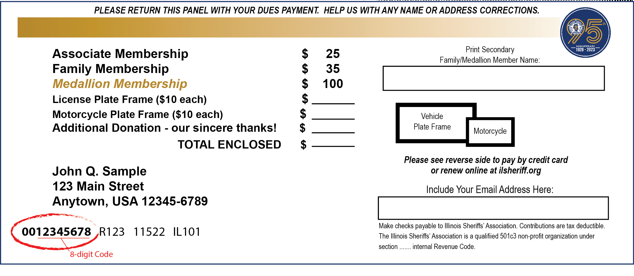 ISA Example of Remit Slip with sample member number circled in red